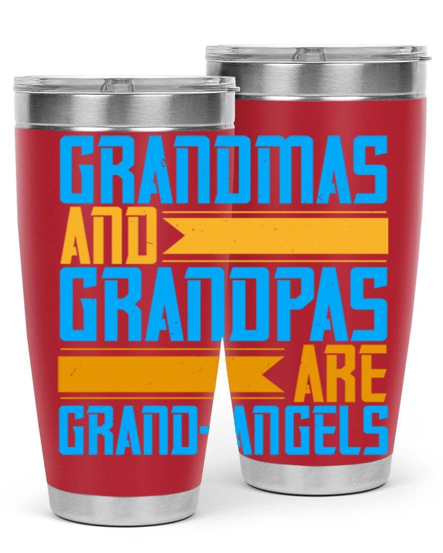 A stylish 20oz tumbler featuring the phrase 'Grandmas and Grandpas are Grandangels', made of stainless steel with a copper lining.