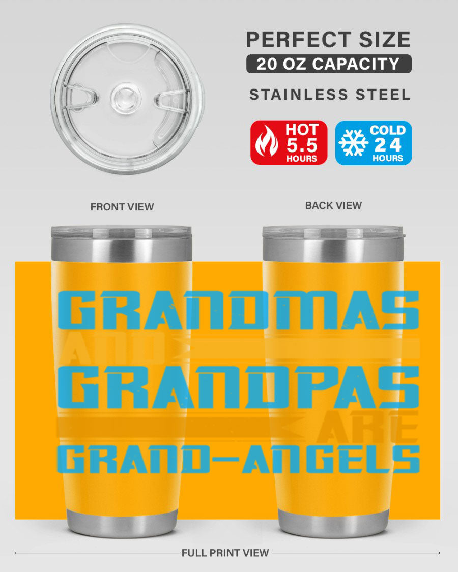 A stylish 20oz tumbler featuring the phrase 'Grandmas and Grandpas are Grandangels', made of stainless steel with a copper lining.
