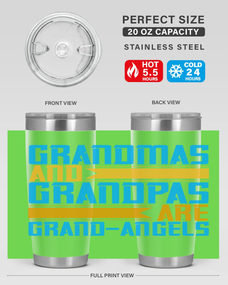 A stylish 20oz tumbler featuring the phrase 'Grandmas and Grandpas are Grandangels', made of stainless steel with a copper lining.