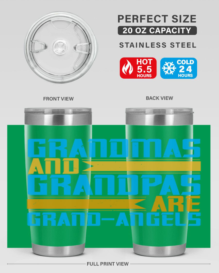 A stylish 20oz tumbler featuring the phrase 'Grandmas and Grandpas are Grandangels', made of stainless steel with a copper lining.