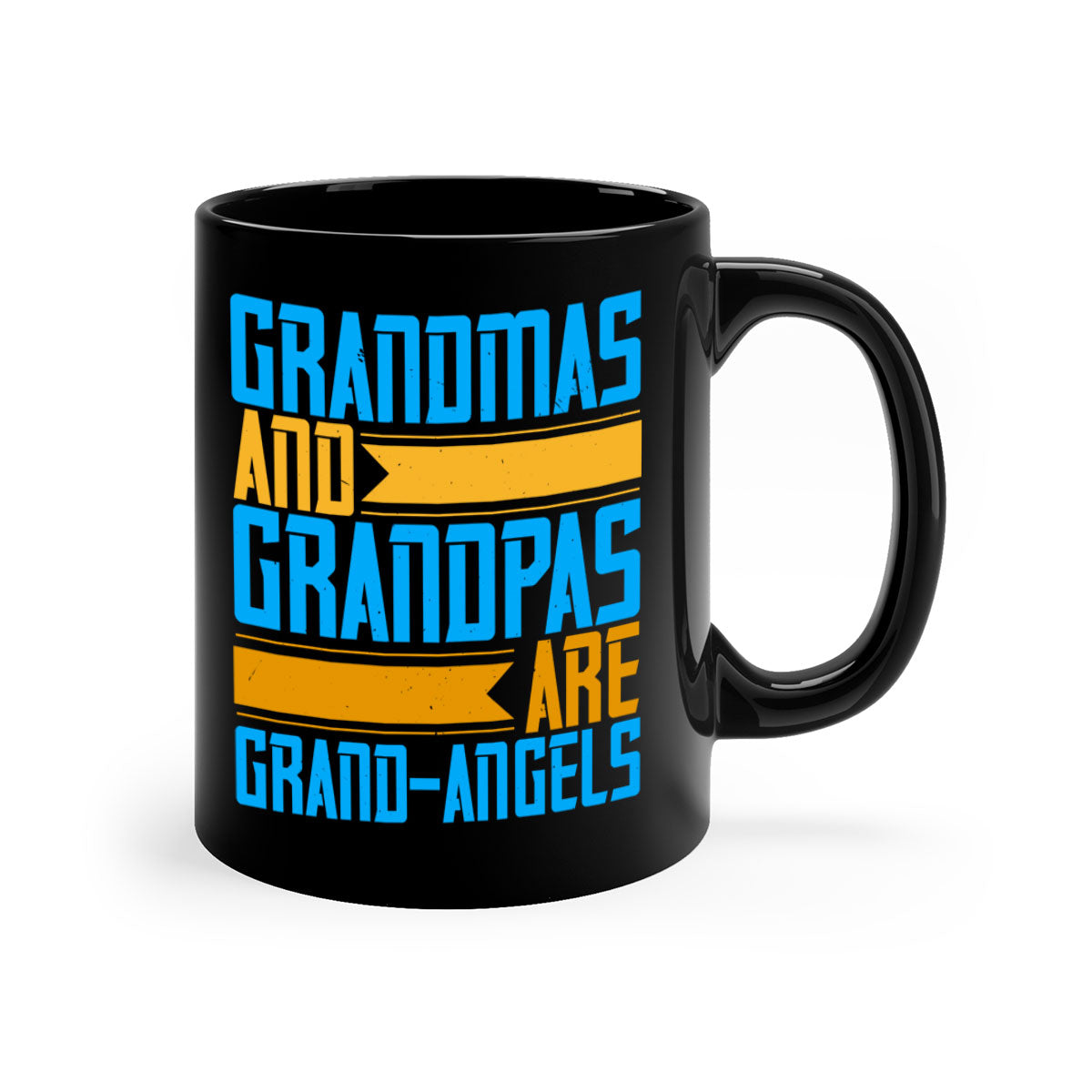 A two-tone ceramic coffee mug with a colored handle and interior, featuring the text 'Grandmas and grandpas are grandangels' in a stylish font.