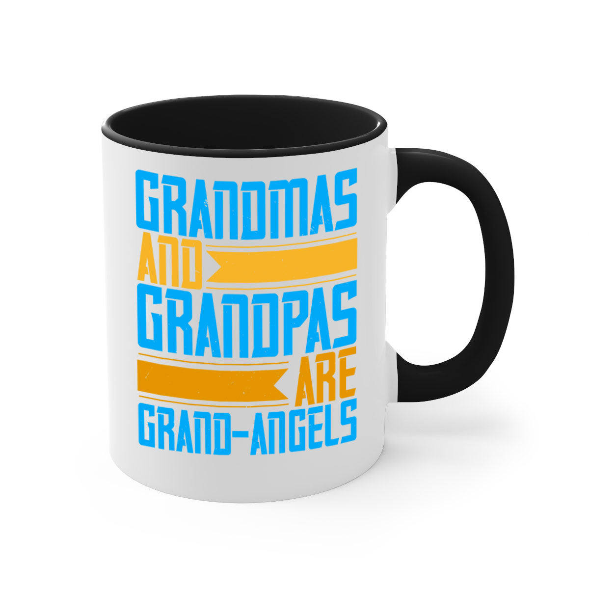 A two-tone ceramic coffee mug with a colored handle and interior, featuring the text 'Grandmas and grandpas are grandangels' in a stylish font.