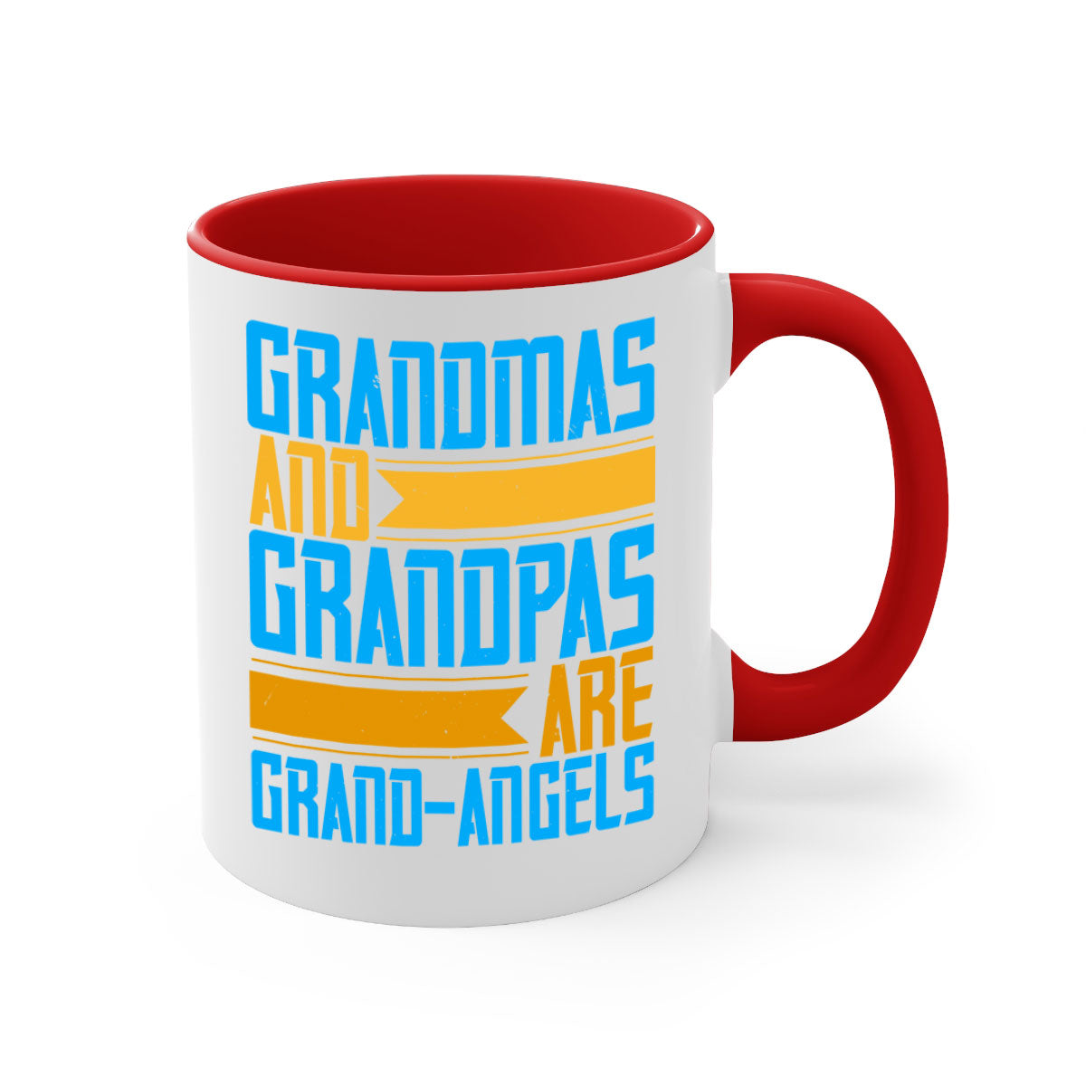 A two-tone ceramic coffee mug with a colored handle and interior, featuring the text 'Grandmas and grandpas are grandangels' in a stylish font.
