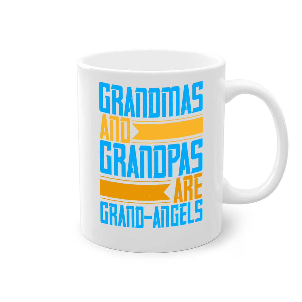 A two-tone ceramic coffee mug with a colored handle and interior, featuring the text 'Grandmas and grandpas are grandangels' in a stylish font.