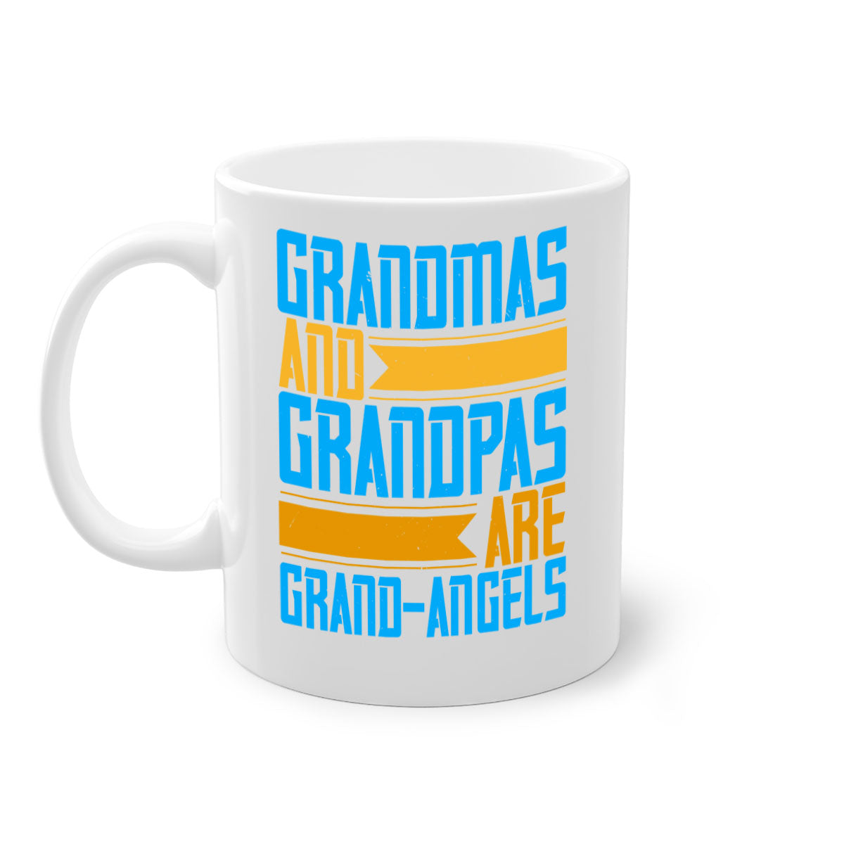 A two-tone ceramic coffee mug with a colored handle and interior, featuring the text 'Grandmas and grandpas are grandangels' in a stylish font.