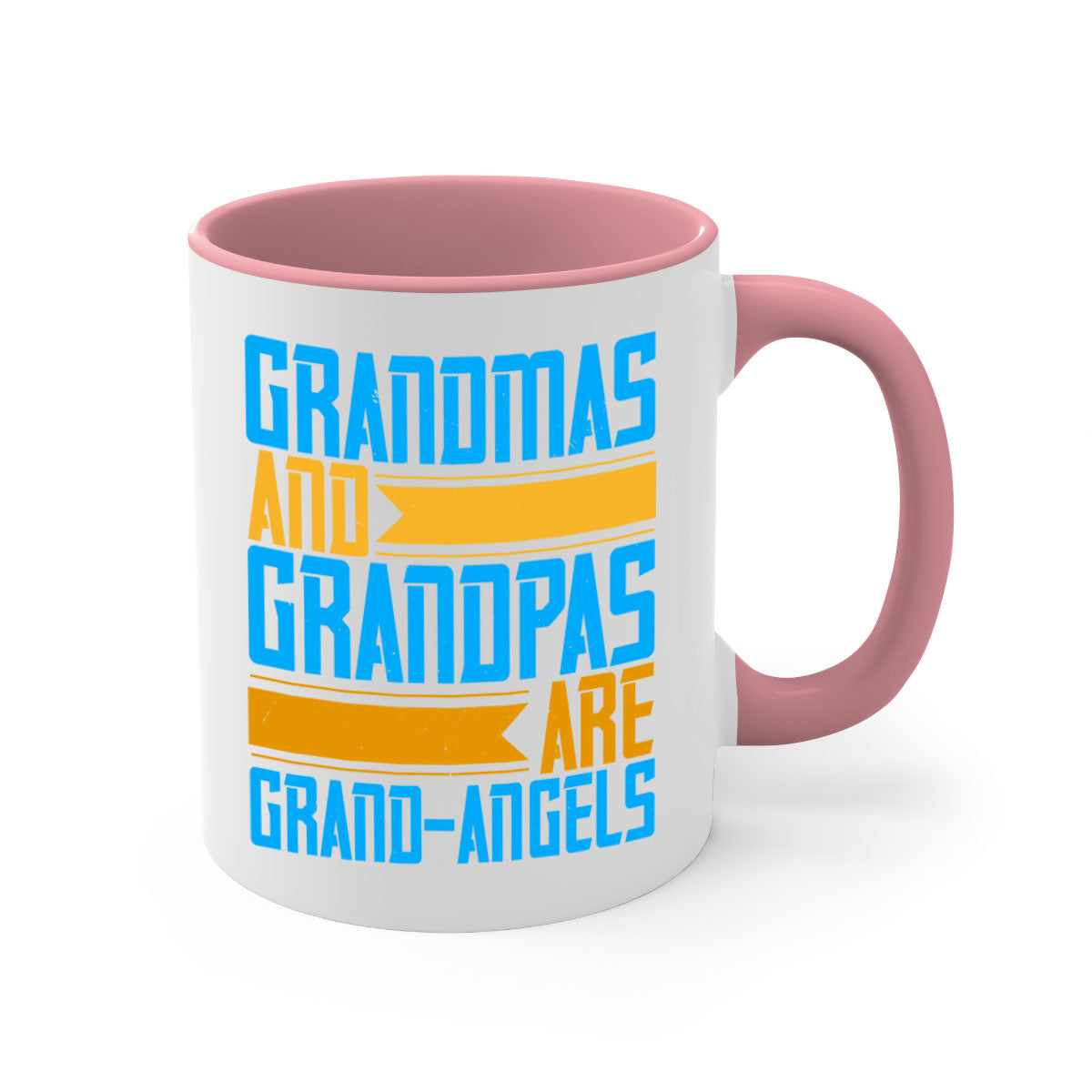 A two-tone ceramic coffee mug with a colored handle and interior, featuring the text 'Grandmas and grandpas are grandangels' in a stylish font.