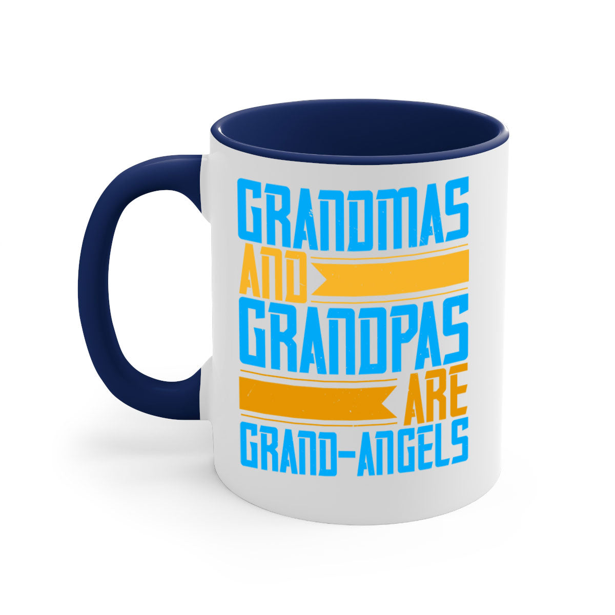 A two-tone ceramic coffee mug with a colored handle and interior, featuring the text 'Grandmas and grandpas are grandangels' in a stylish font.