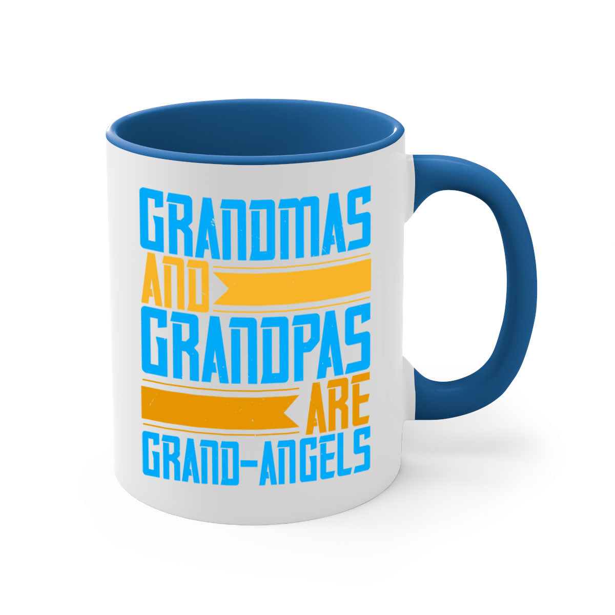 A two-tone ceramic coffee mug with a colored handle and interior, featuring the text 'Grandmas and grandpas are grandangels' in a stylish font.