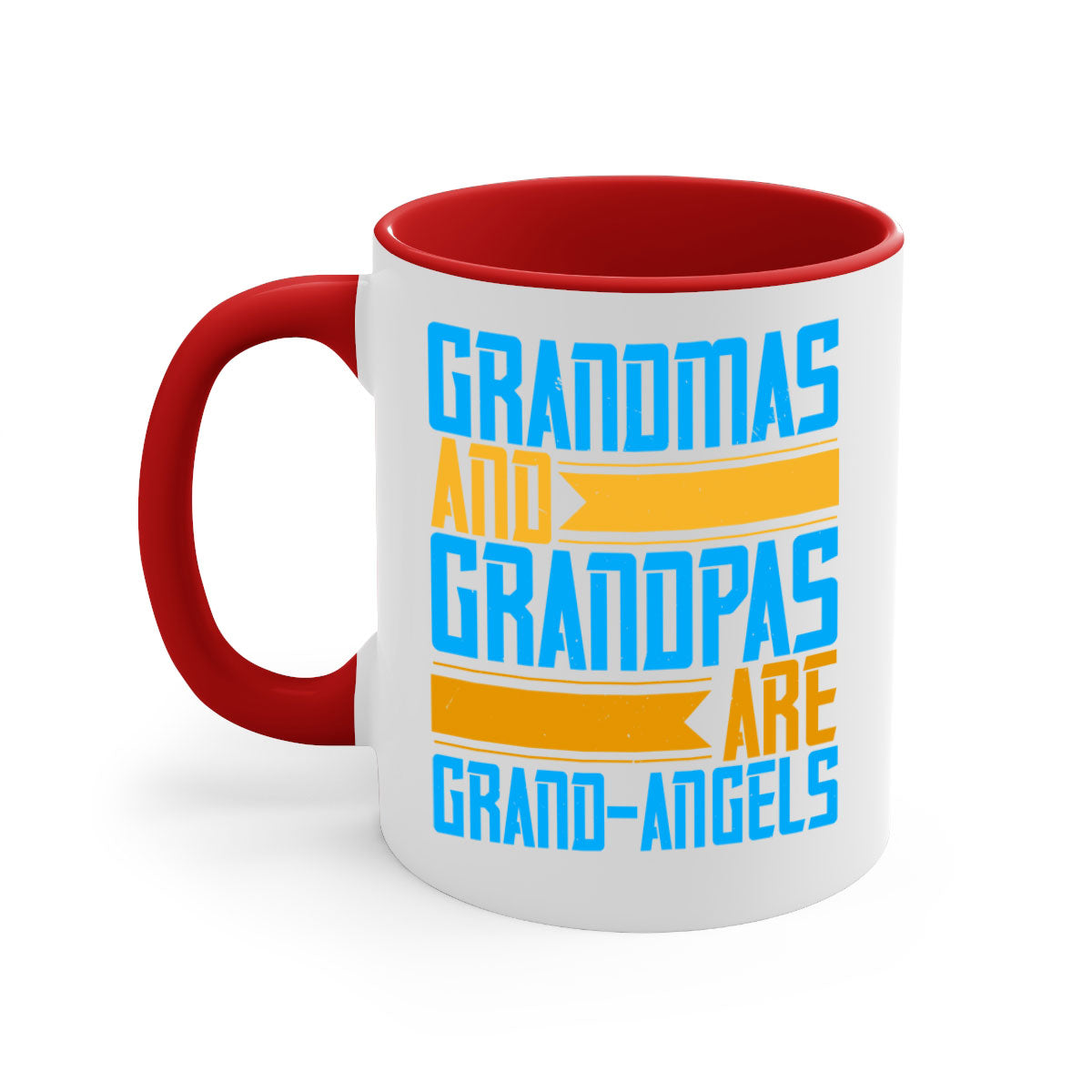 A two-tone ceramic coffee mug with a colored handle and interior, featuring the text 'Grandmas and grandpas are grandangels' in a stylish font.