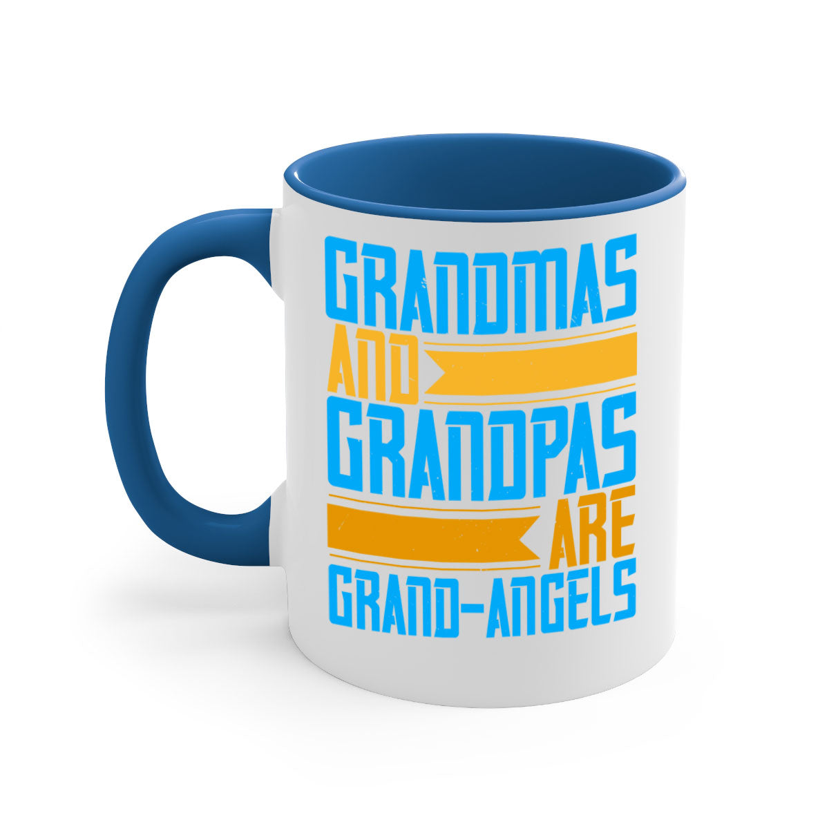 A two-tone ceramic coffee mug with a colored handle and interior, featuring the text 'Grandmas and grandpas are grandangels' in a stylish font.