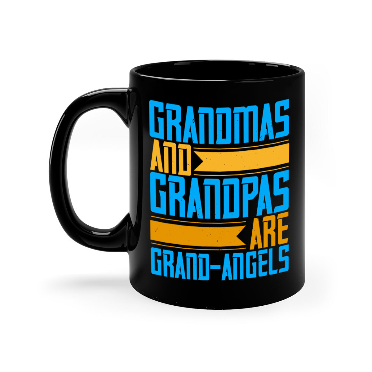 A two-tone ceramic coffee mug with a colored handle and interior, featuring the text 'Grandmas and grandpas are grandangels' in a stylish font.