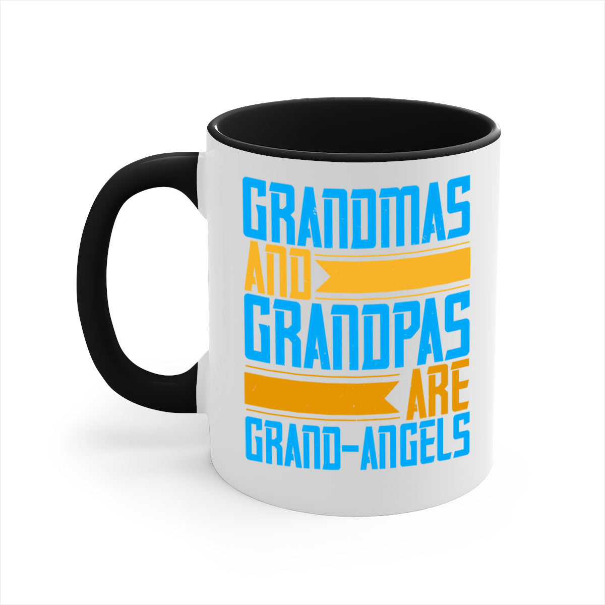 A two-tone ceramic coffee mug with a colored handle and interior, featuring the text 'Grandmas and grandpas are grandangels' in a stylish font.
