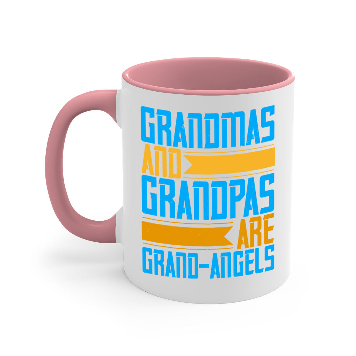 A two-tone ceramic coffee mug with a colored handle and interior, featuring the text 'Grandmas and grandpas are grandangels' in a stylish font.