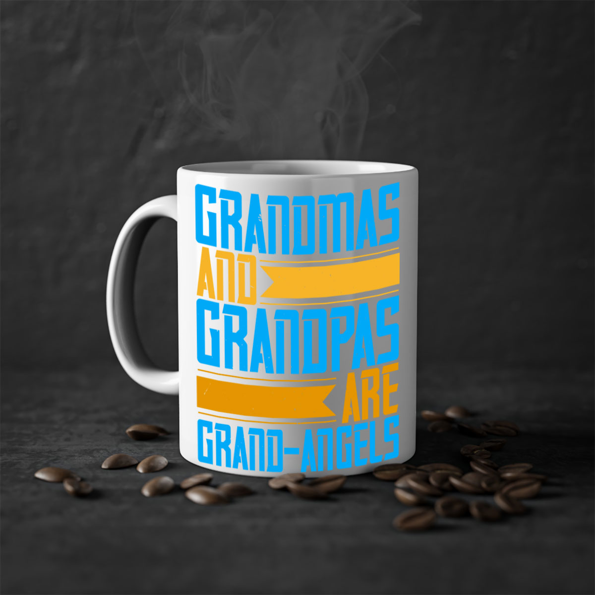 A two-tone ceramic coffee mug with a colored handle and interior, featuring the text 'Grandmas and grandpas are grandangels' in a stylish font.