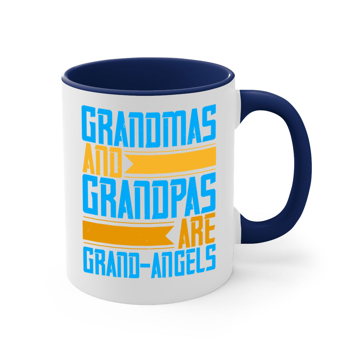 A two-tone ceramic coffee mug with a colored handle and interior, featuring the text 'Grandmas and grandpas are grandangels' in a stylish font.