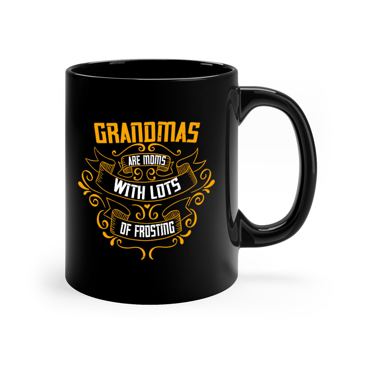 Two-tone ceramic coffee mug with colored handle and interior, featuring 'Grandmas are moms with lots of 30#' design.