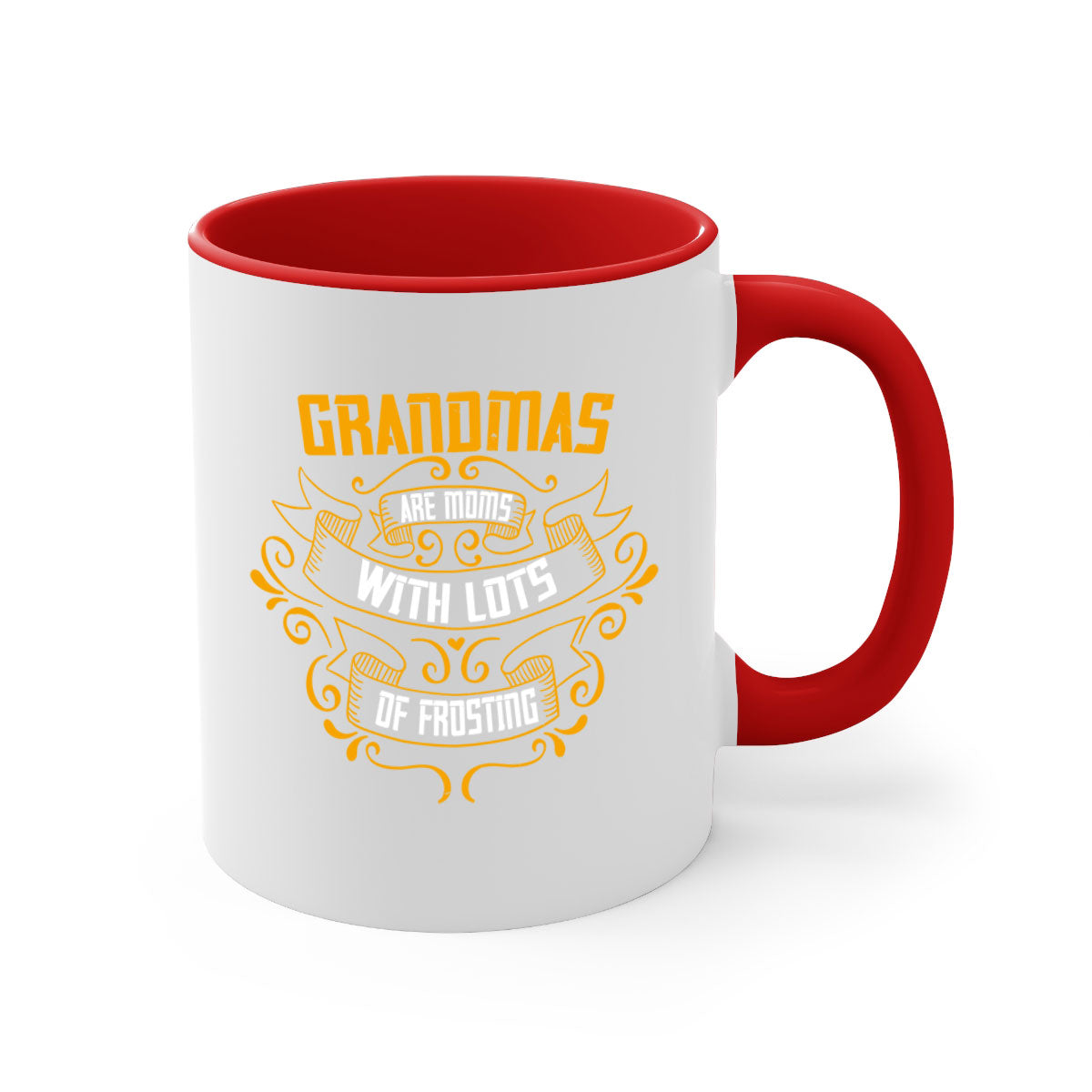 Two-tone ceramic coffee mug with colored handle and interior, featuring 'Grandmas are moms with lots of 30#' design.