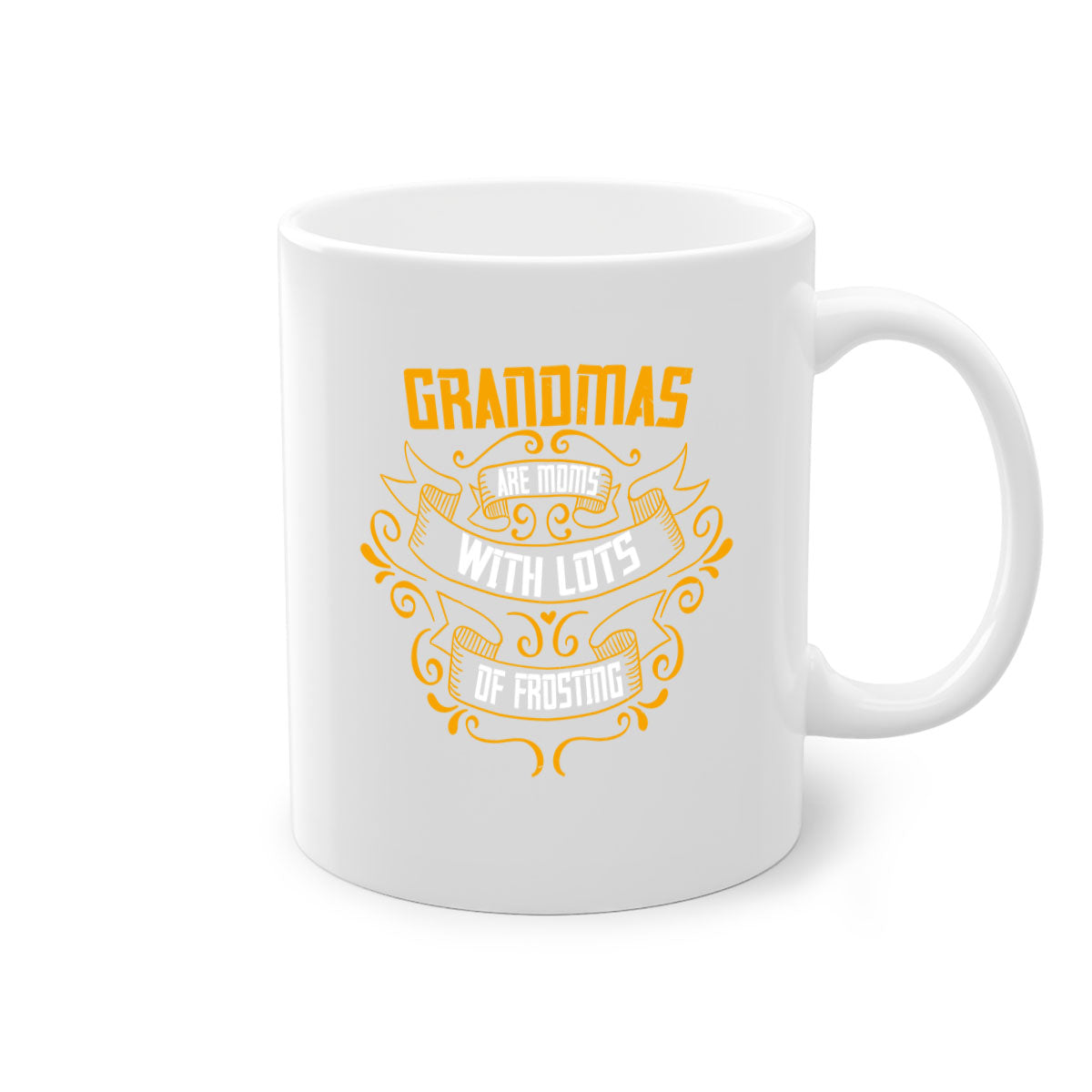 Two-tone ceramic coffee mug with colored handle and interior, featuring 'Grandmas are moms with lots of 30#' design.