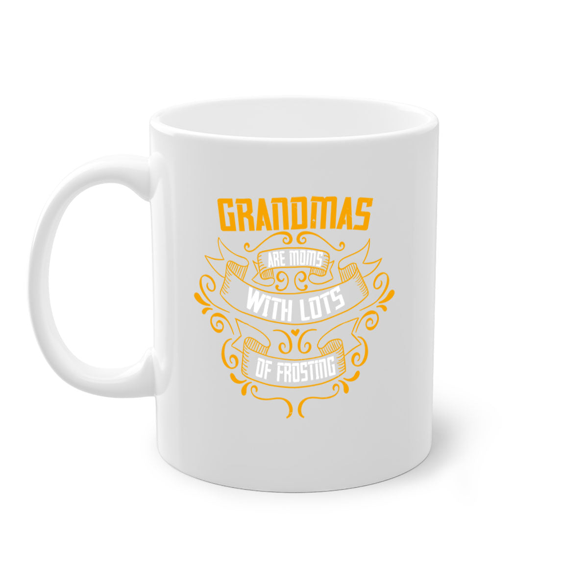 Two-tone ceramic coffee mug with colored handle and interior, featuring 'Grandmas are moms with lots of 30#' design.