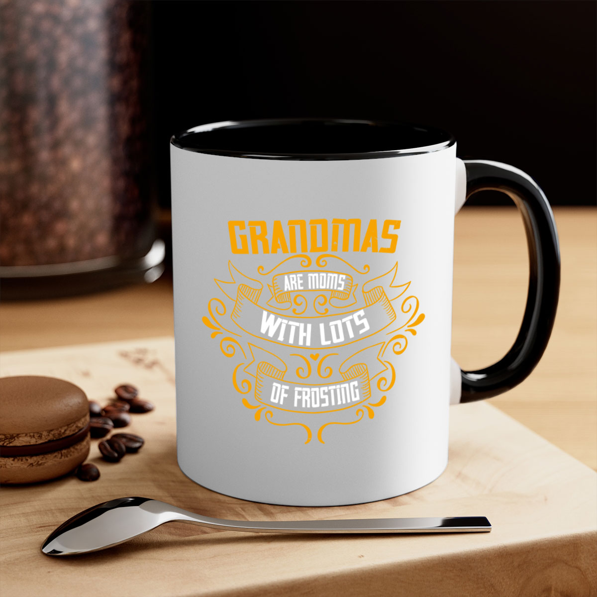 Two-tone ceramic coffee mug with colored handle and interior, featuring 'Grandmas are moms with lots of 30#' design.