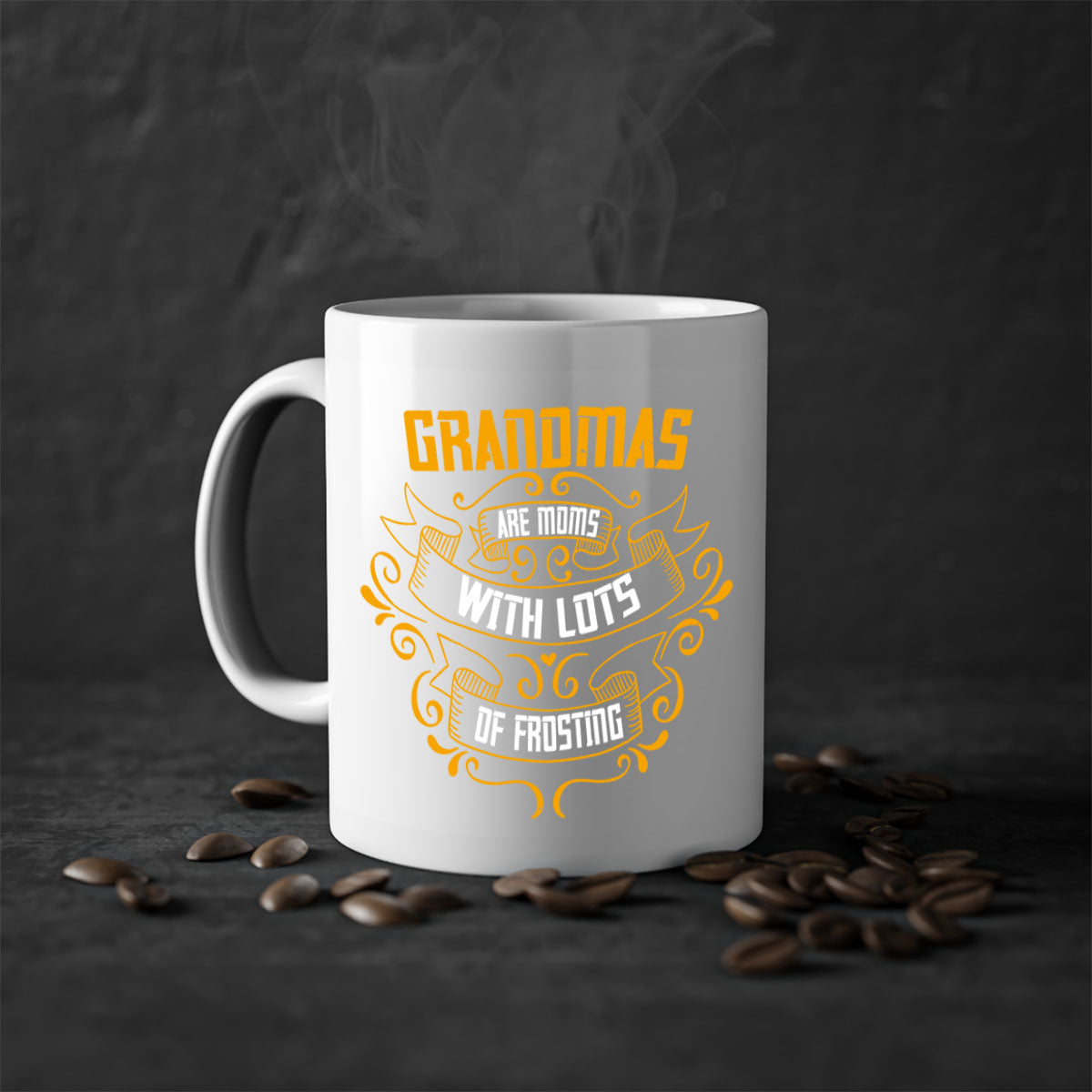 Two-tone ceramic coffee mug with colored handle and interior, featuring 'Grandmas are moms with lots of 30#' design.