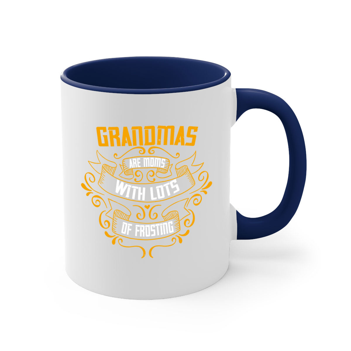 Two-tone ceramic coffee mug with colored handle and interior, featuring 'Grandmas are moms with lots of 30#' design.
