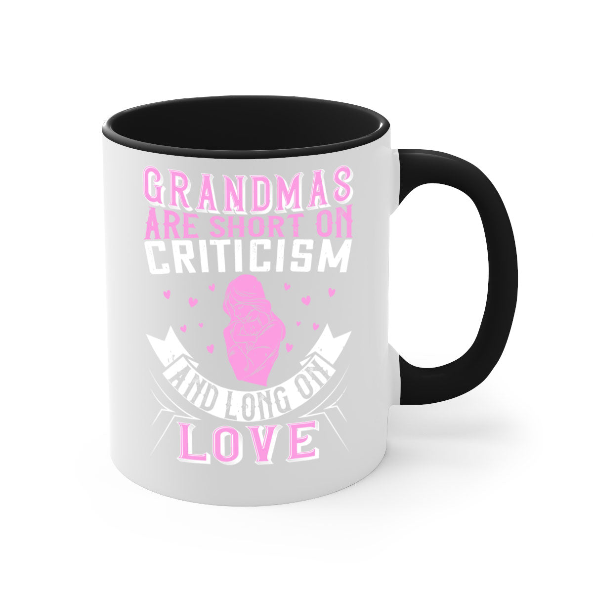 Ceramic mug with the phrase 'Grandmas are Short on Criticism and Long on Love', featuring a glossy finish and colorful handle.