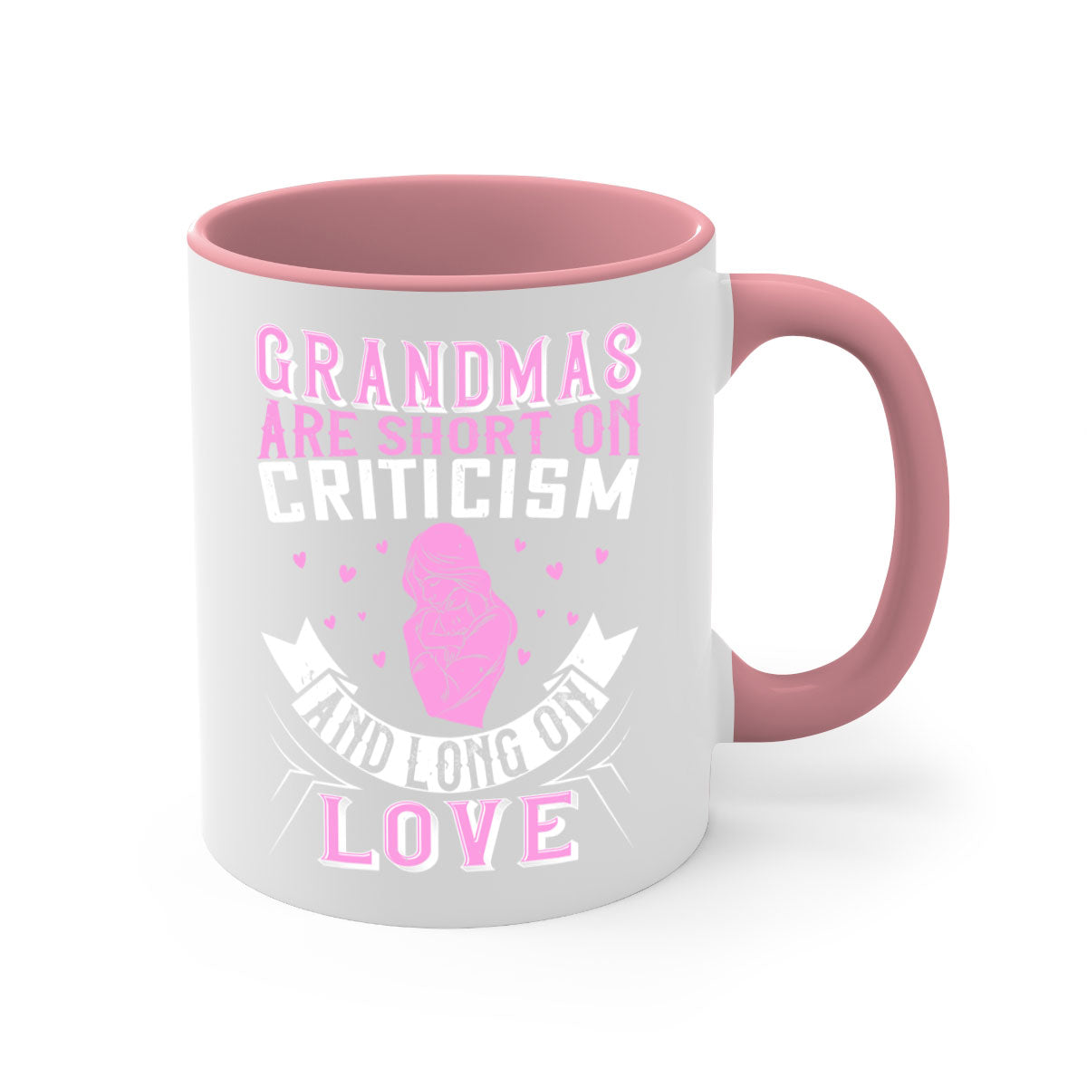 Ceramic mug with the phrase 'Grandmas are Short on Criticism and Long on Love', featuring a glossy finish and colorful handle.