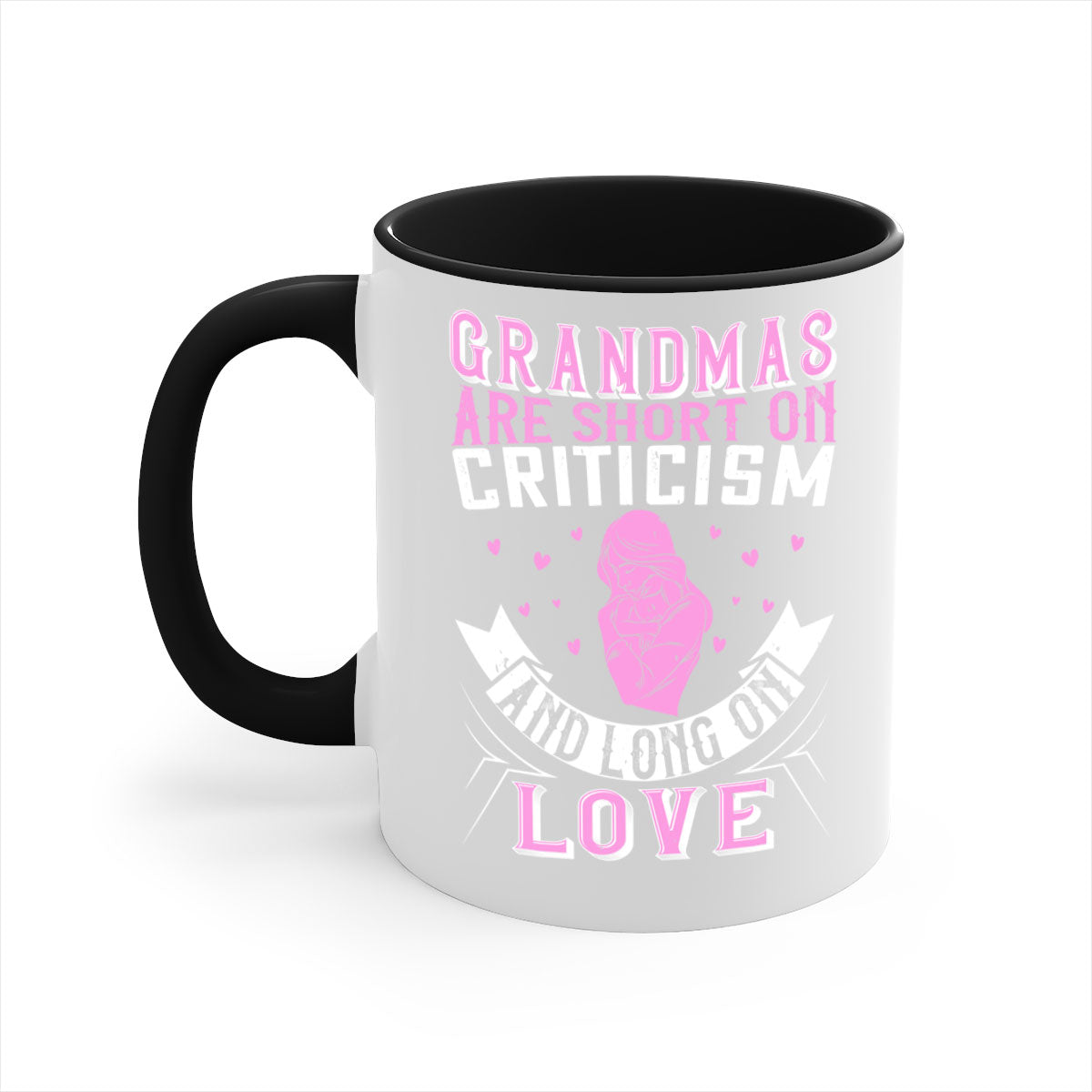 Ceramic mug with the phrase 'Grandmas are Short on Criticism and Long on Love', featuring a glossy finish and colorful handle.