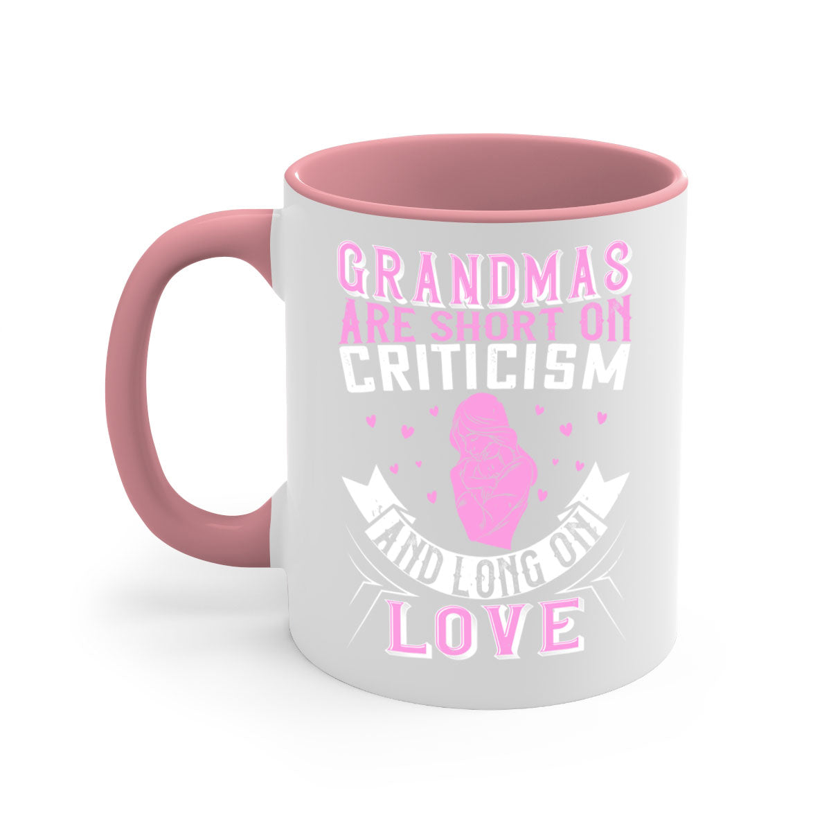 Ceramic mug with the phrase 'Grandmas are Short on Criticism and Long on Love', featuring a glossy finish and colorful handle.