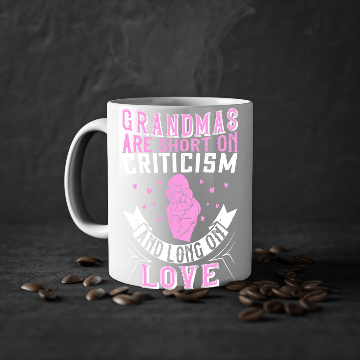 Ceramic mug with the phrase 'Grandmas are Short on Criticism and Long on Love', featuring a glossy finish and colorful handle.