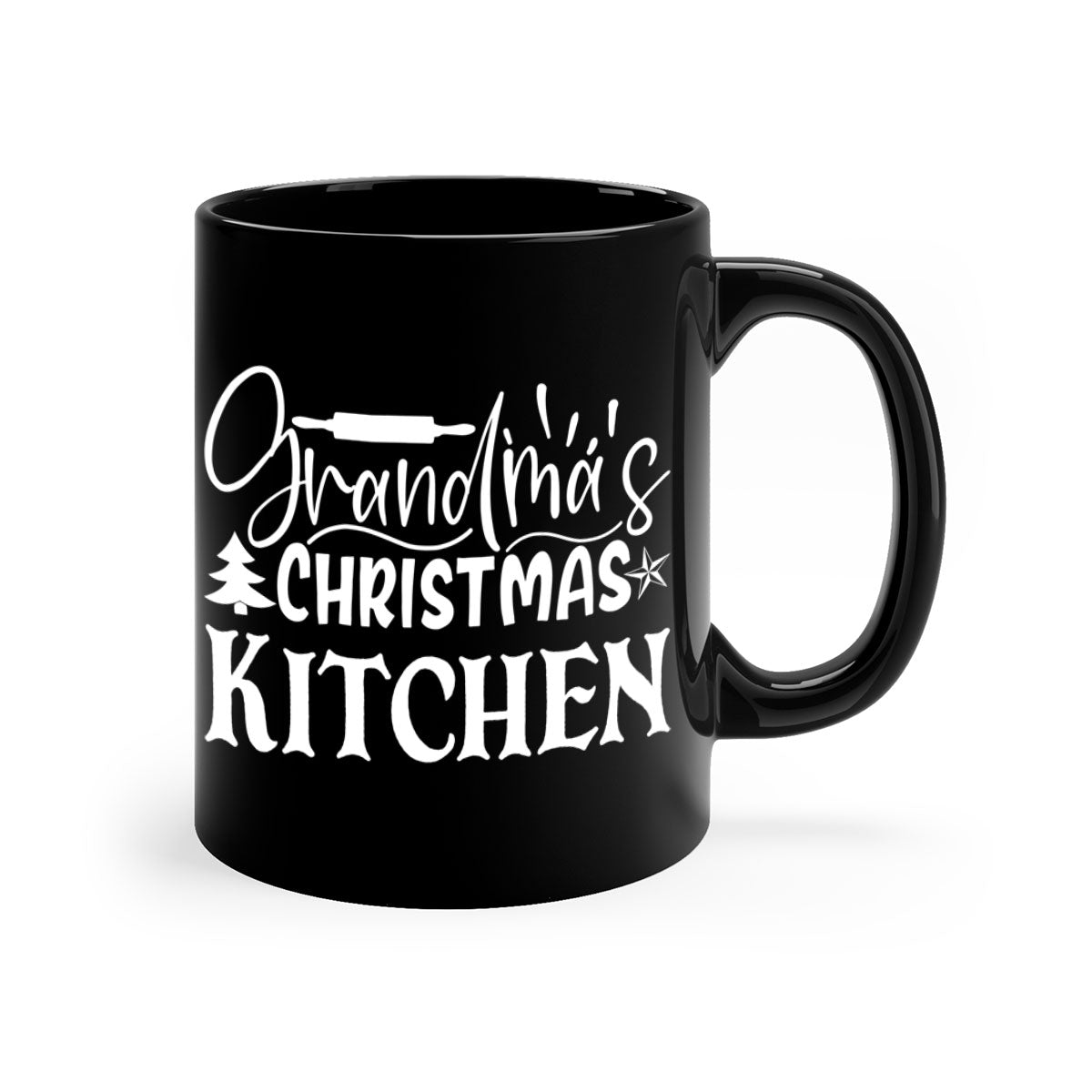 Grandma's Christmas Kitchen Mug featuring a two-tone design with a colored handle and glossy finish, available in multiple colors.