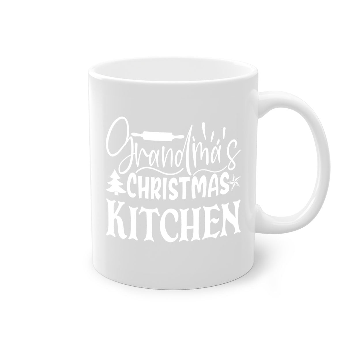 Grandma's Christmas Kitchen Mug featuring a two-tone design with a colored handle and glossy finish, available in multiple colors.