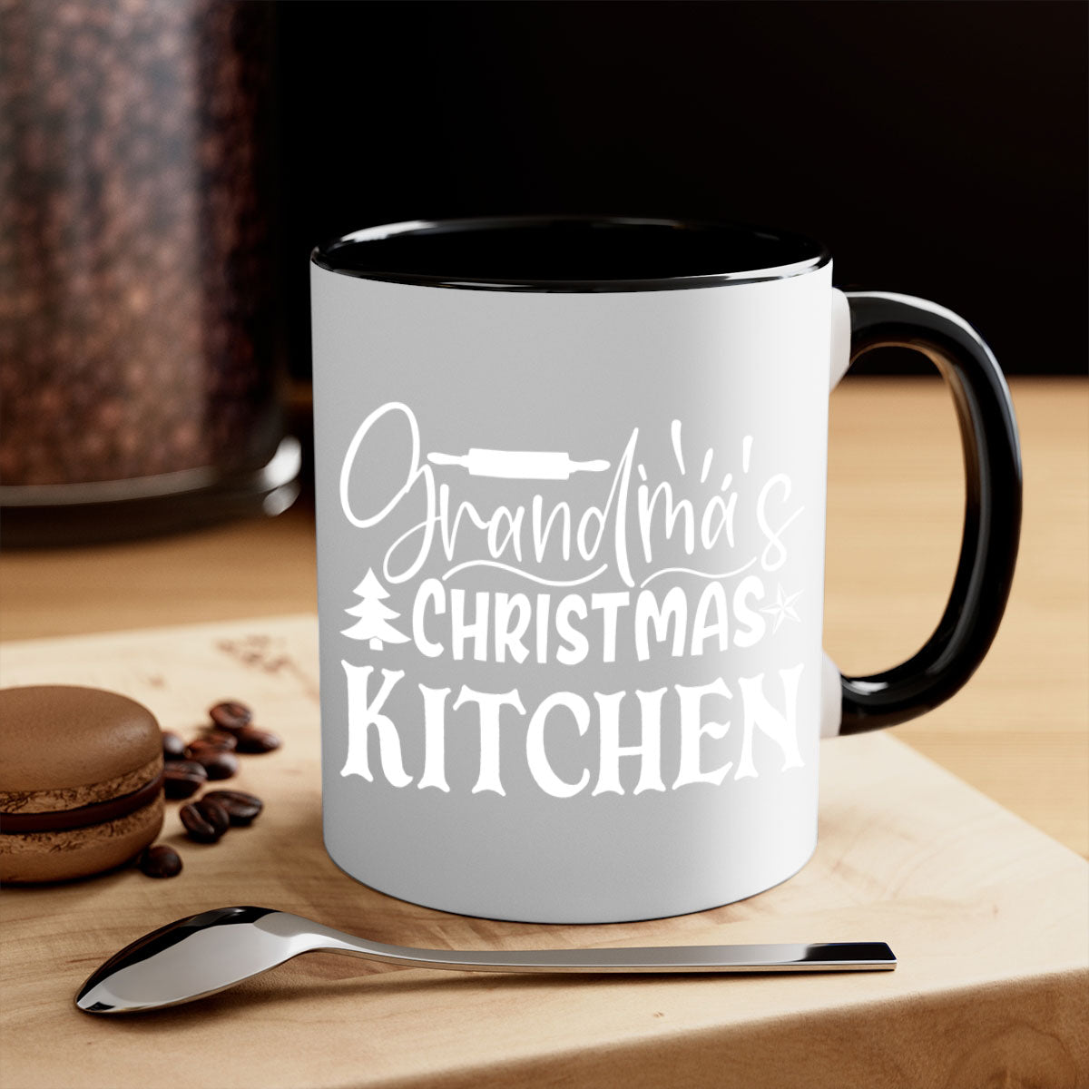 Grandma's Christmas Kitchen Mug featuring a two-tone design with a colored handle and glossy finish, available in multiple colors.