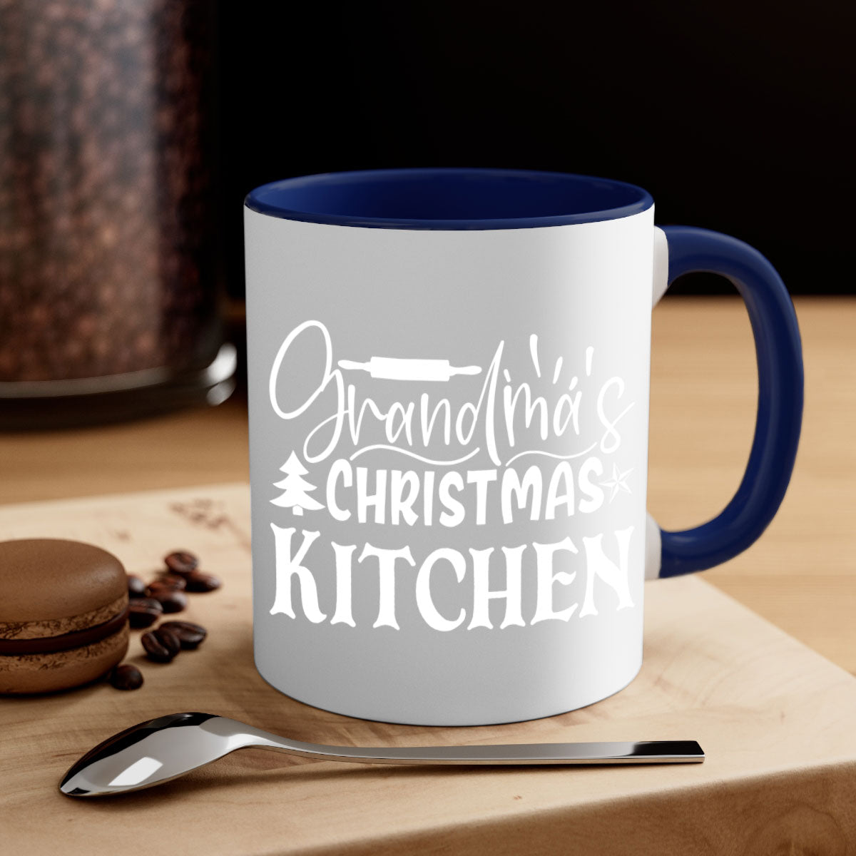 Grandma's Christmas Kitchen Mug featuring a two-tone design with a colored handle and glossy finish, available in multiple colors.