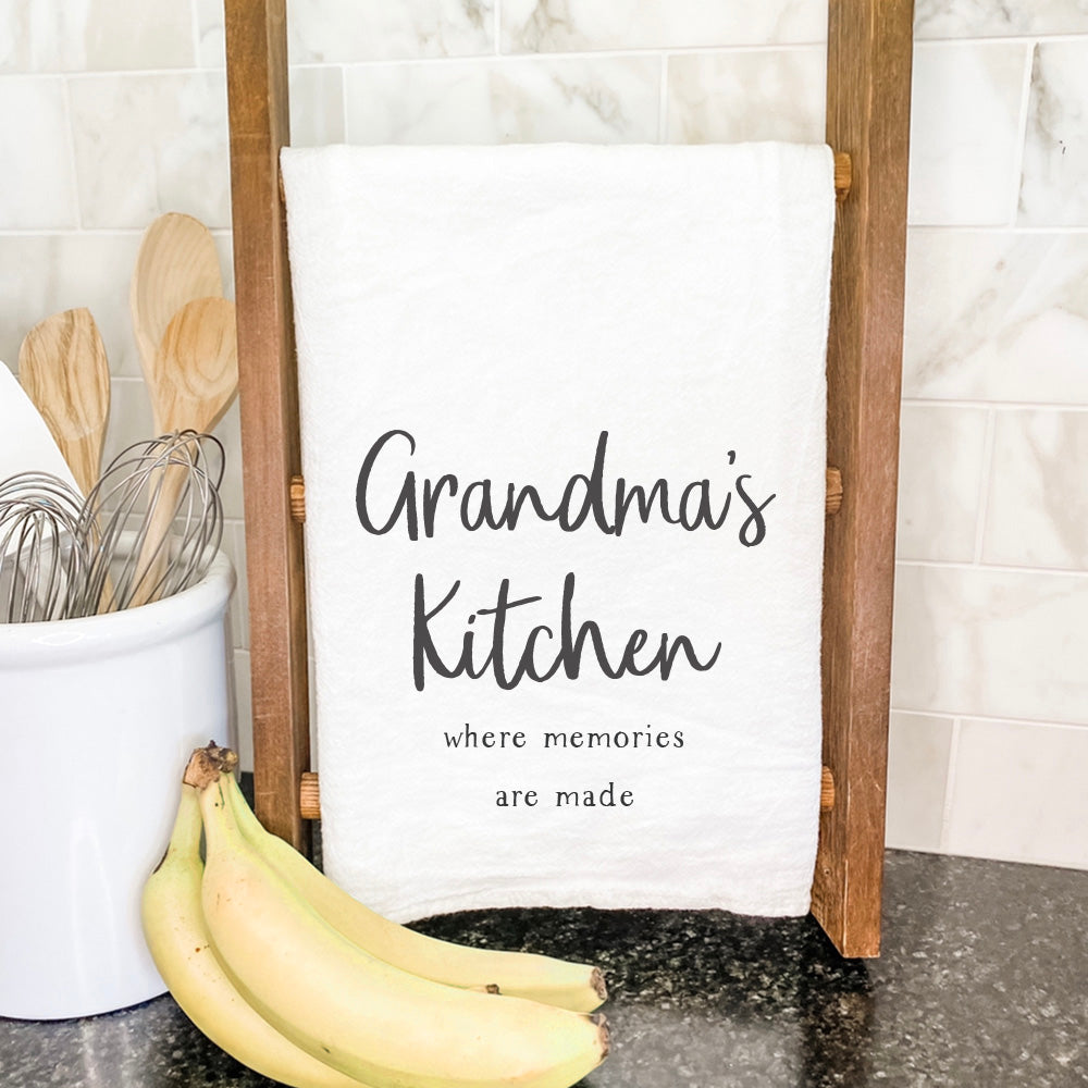 Grandma's Kitchen Cotton Tea Towel featuring a vibrant design, made from 100% absorbent cotton, measuring 27 inches square.