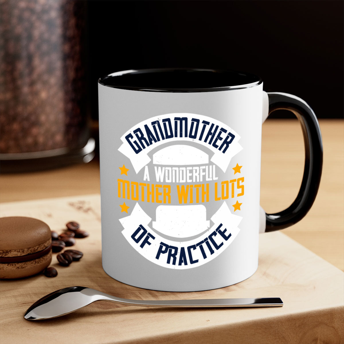 A two-tone ceramic mug with a colored handle and interior, featuring the text 'Grandmother a wonderful mother with lots of practice 83#'.