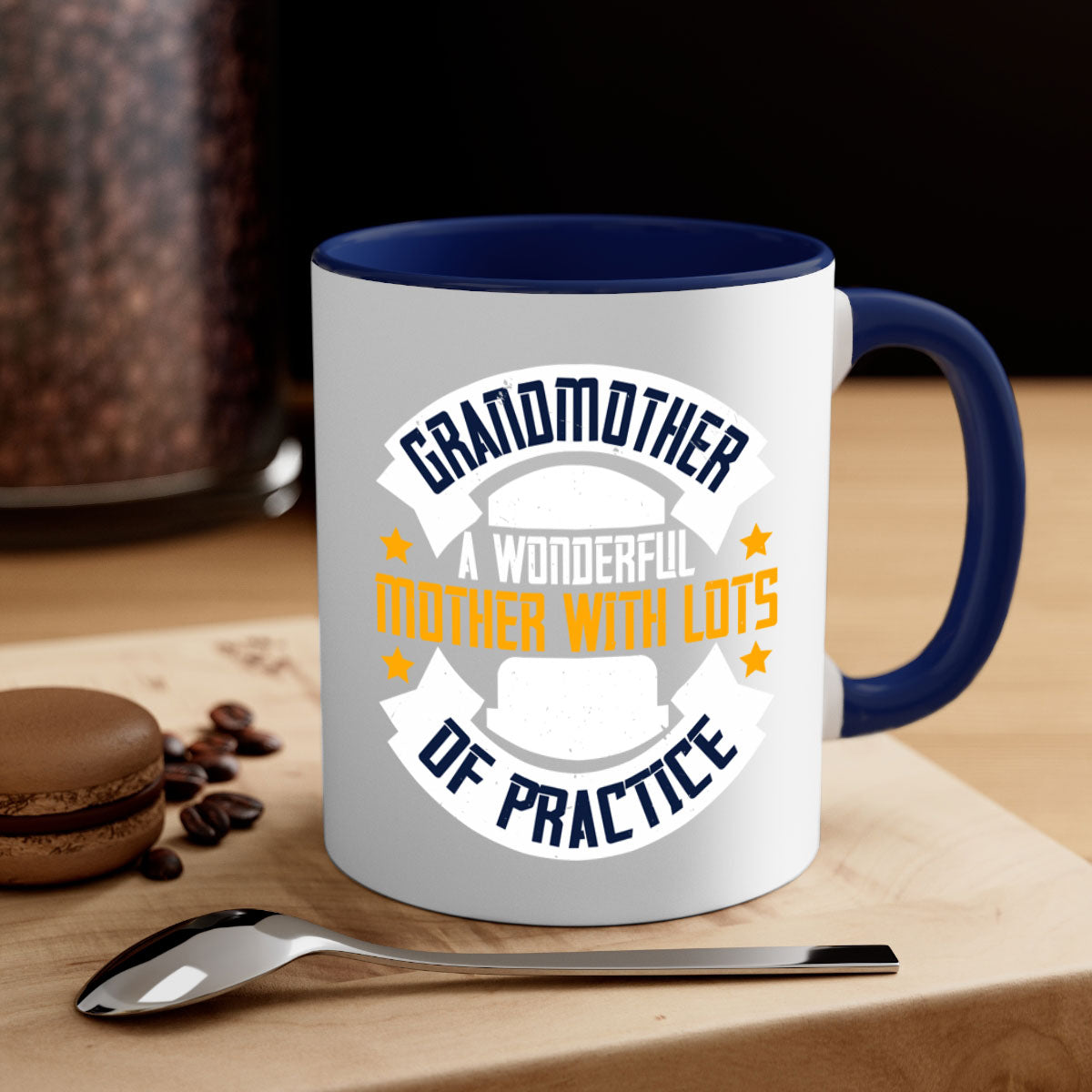 A two-tone ceramic mug with a colored handle and interior, featuring the text 'Grandmother a wonderful mother with lots of practice 83#'.