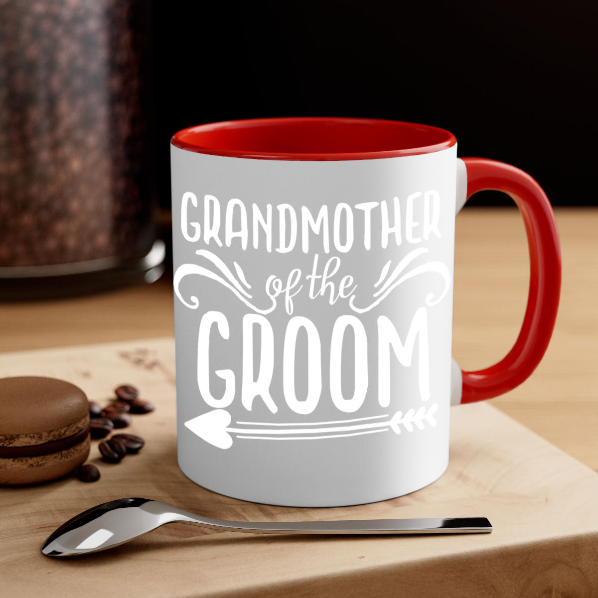 Ceramic Grandmother of the Groom Mug with colorful handle and glossy finish, available in multiple colors and sizes.