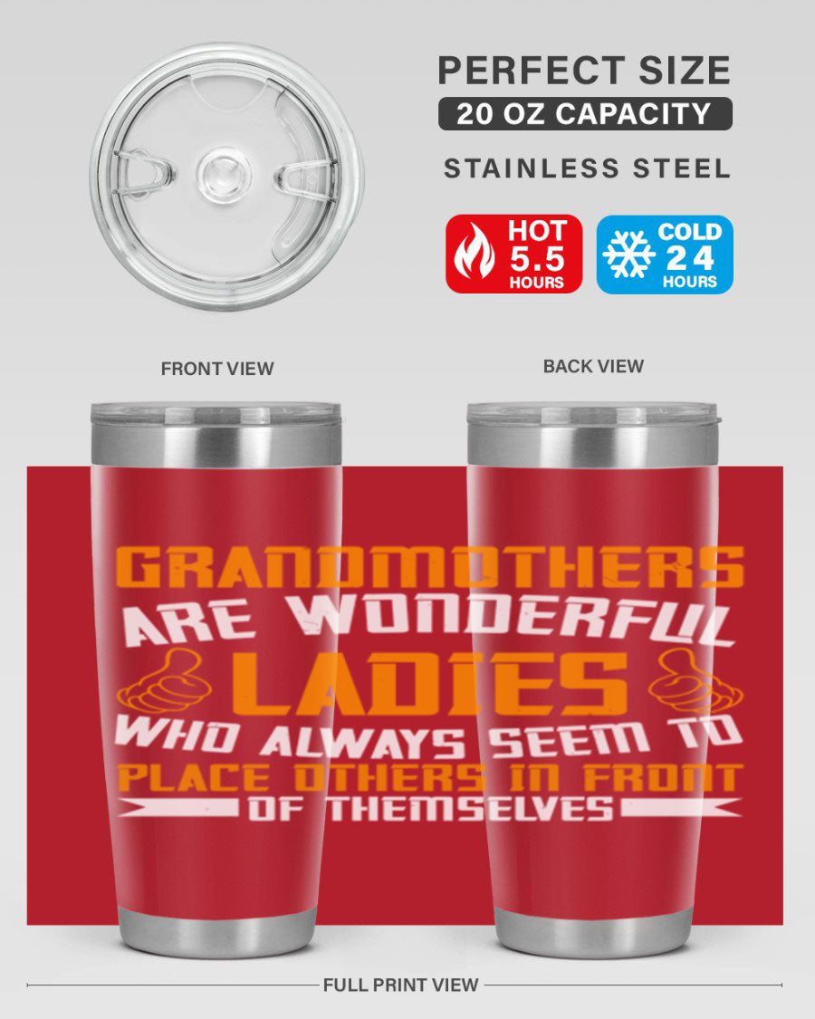A stylish 20oz and 30oz stainless steel tumbler featuring a press-in lid, designed to keep beverages hot or cold, perfect for grandmothers.