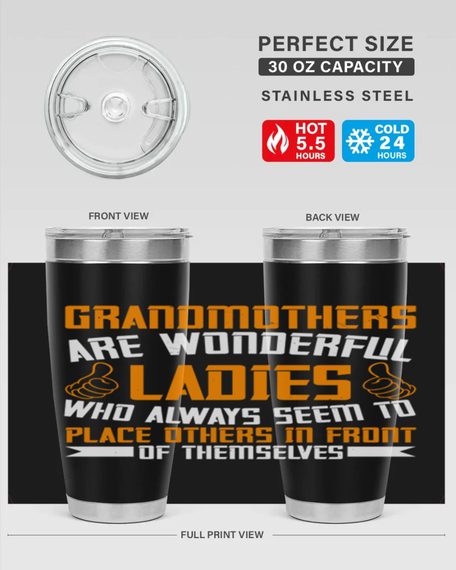 A stylish 20oz and 30oz stainless steel tumbler featuring a press-in lid, designed to keep beverages hot or cold, perfect for grandmothers.