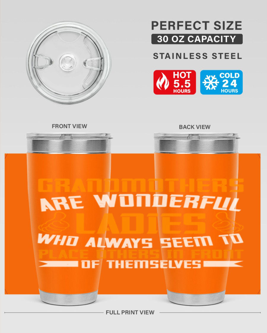 A stylish 20oz and 30oz stainless steel tumbler featuring a press-in lid, designed to keep beverages hot or cold, perfect for grandmothers.