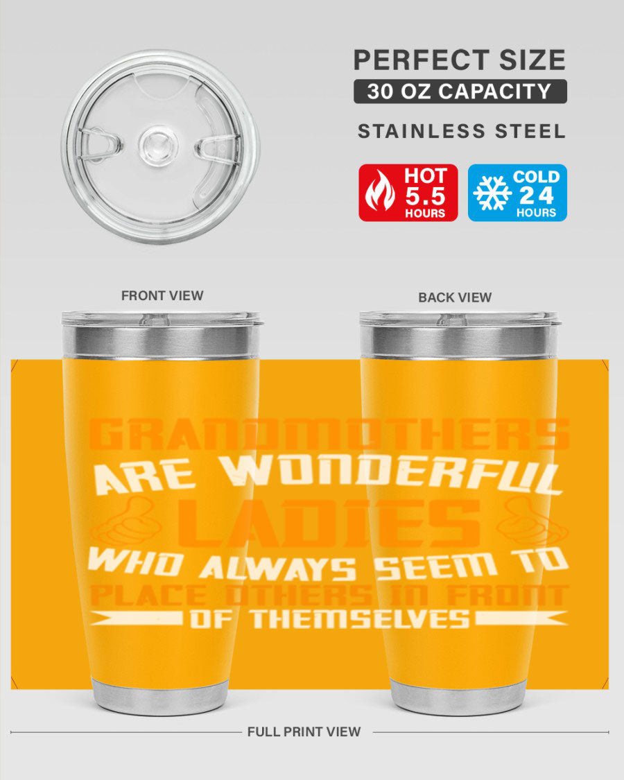 A stylish 20oz and 30oz stainless steel tumbler featuring a press-in lid, designed to keep beverages hot or cold, perfect for grandmothers.