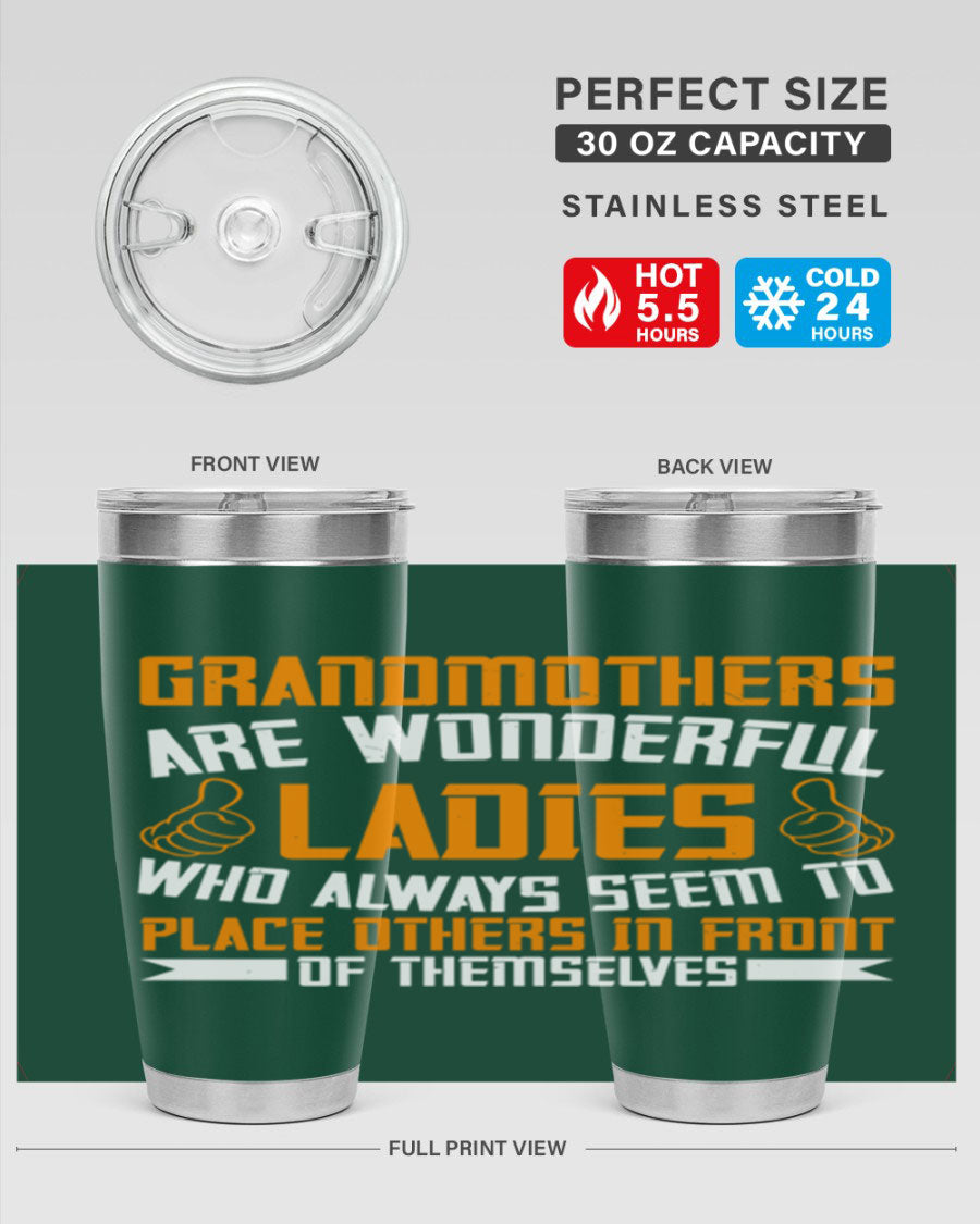 A stylish 20oz and 30oz stainless steel tumbler featuring a press-in lid, designed to keep beverages hot or cold, perfect for grandmothers.