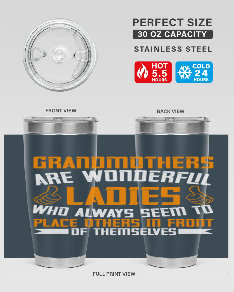 A stylish 20oz and 30oz stainless steel tumbler featuring a press-in lid, designed to keep beverages hot or cold, perfect for grandmothers.