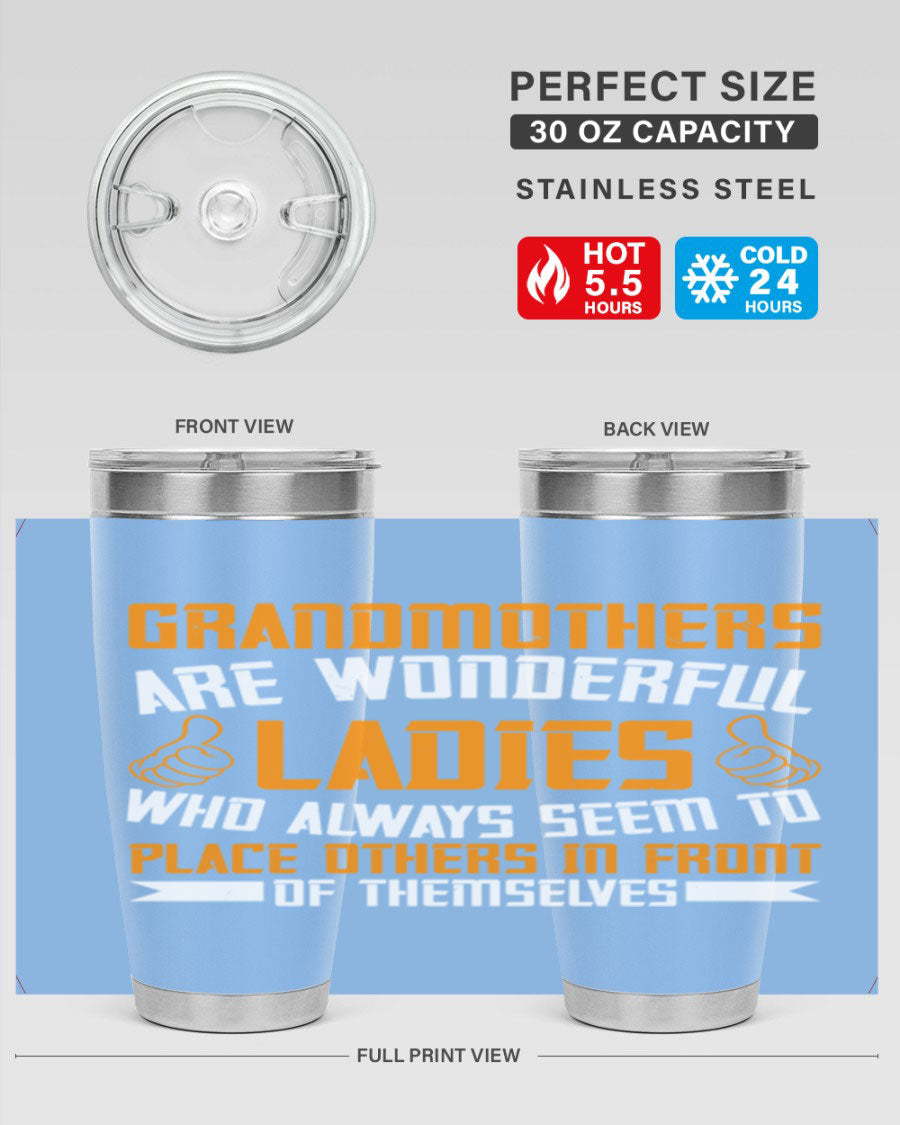 A stylish 20oz and 30oz stainless steel tumbler featuring a press-in lid, designed to keep beverages hot or cold, perfect for grandmothers.