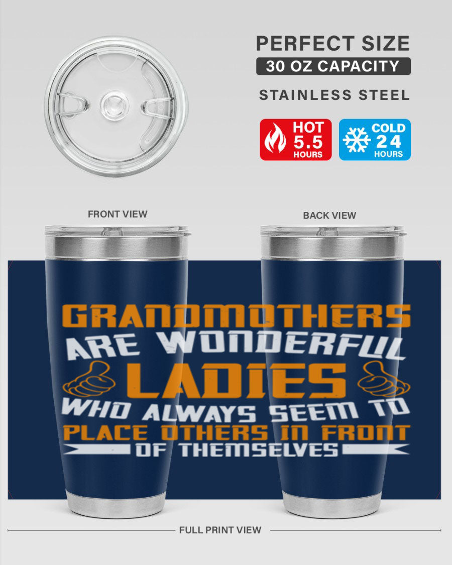 A stylish 20oz and 30oz stainless steel tumbler featuring a press-in lid, designed to keep beverages hot or cold, perfect for grandmothers.