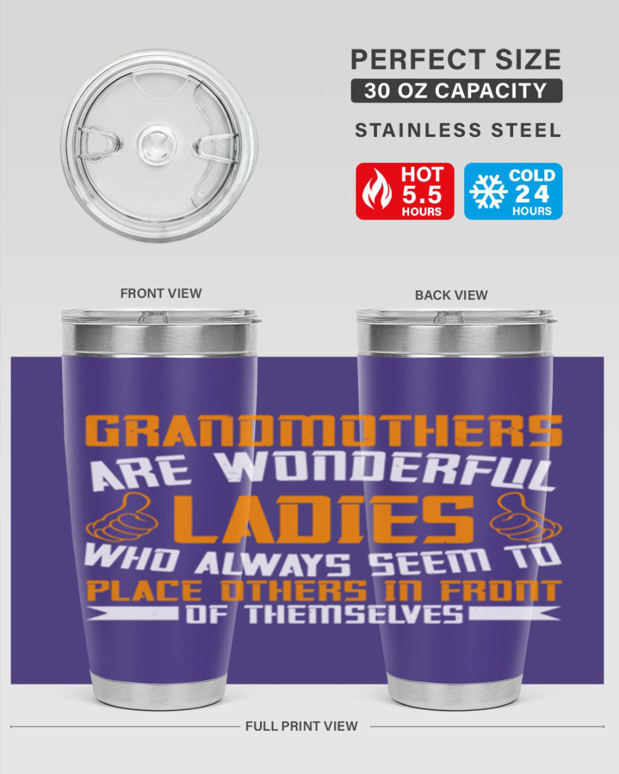 A stylish 20oz and 30oz stainless steel tumbler featuring a press-in lid, designed to keep beverages hot or cold, perfect for grandmothers.