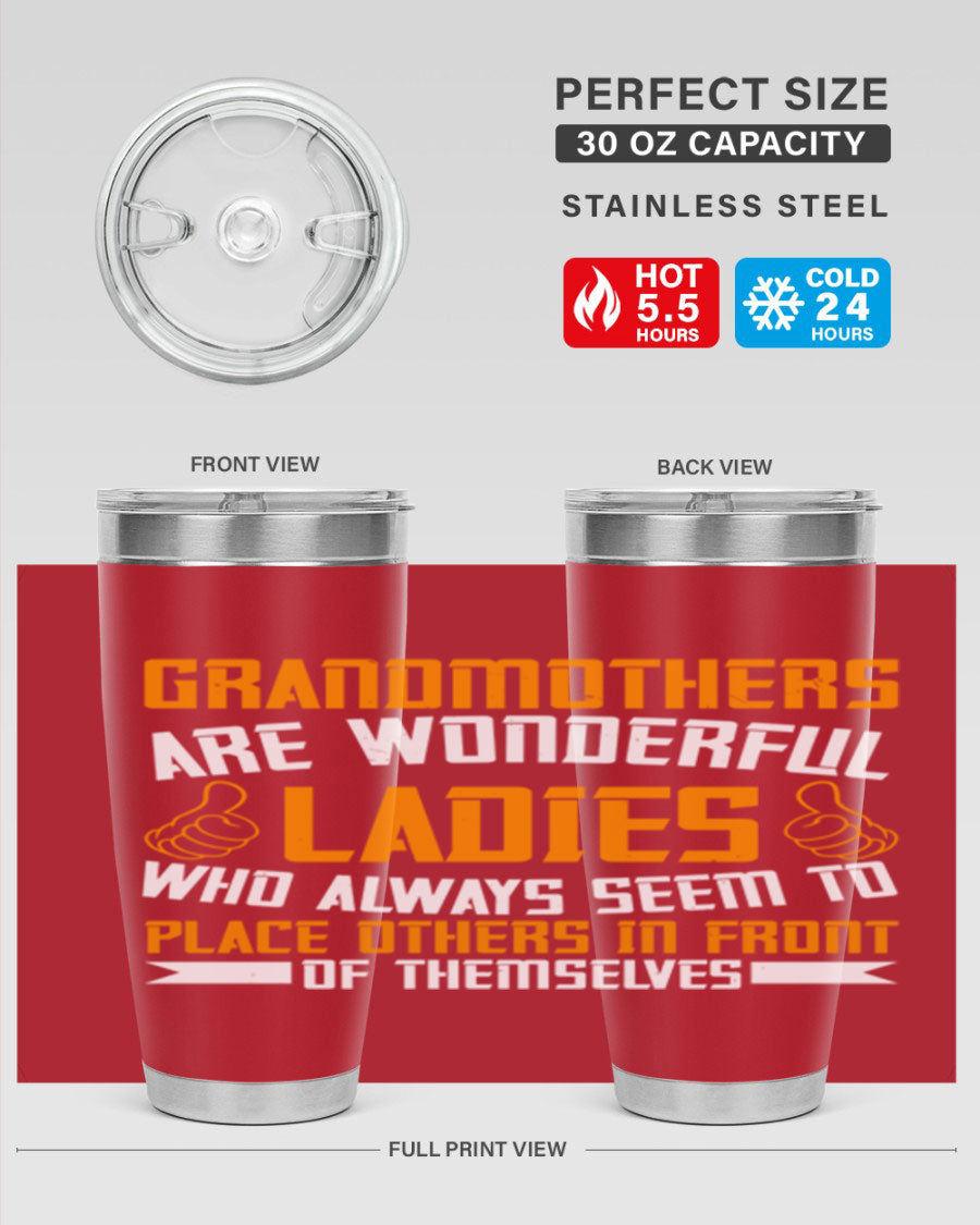 A stylish 20oz and 30oz stainless steel tumbler featuring a press-in lid, designed to keep beverages hot or cold, perfect for grandmothers.