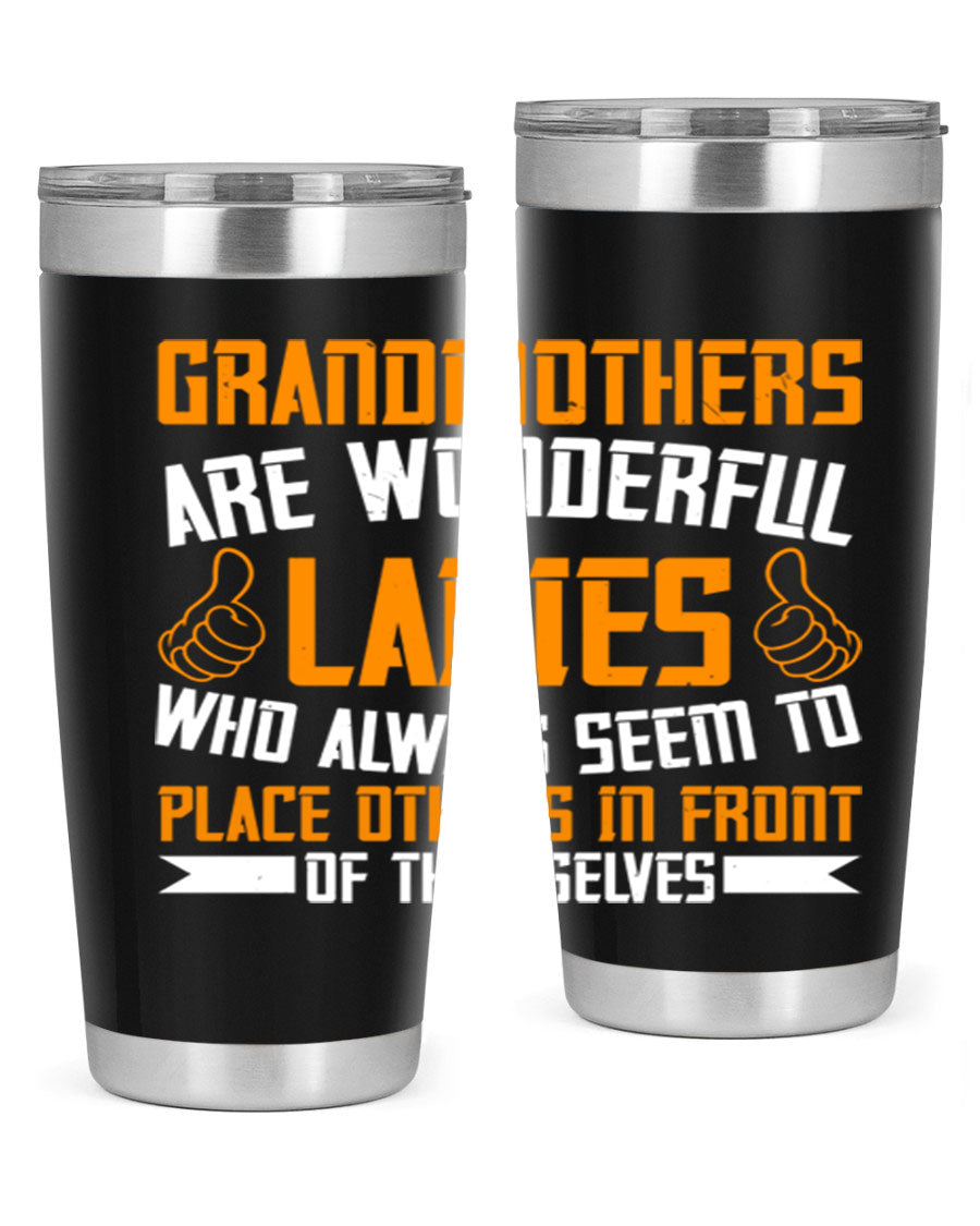 A stylish 20oz and 30oz stainless steel tumbler featuring a press-in lid, designed to keep beverages hot or cold, perfect for grandmothers.